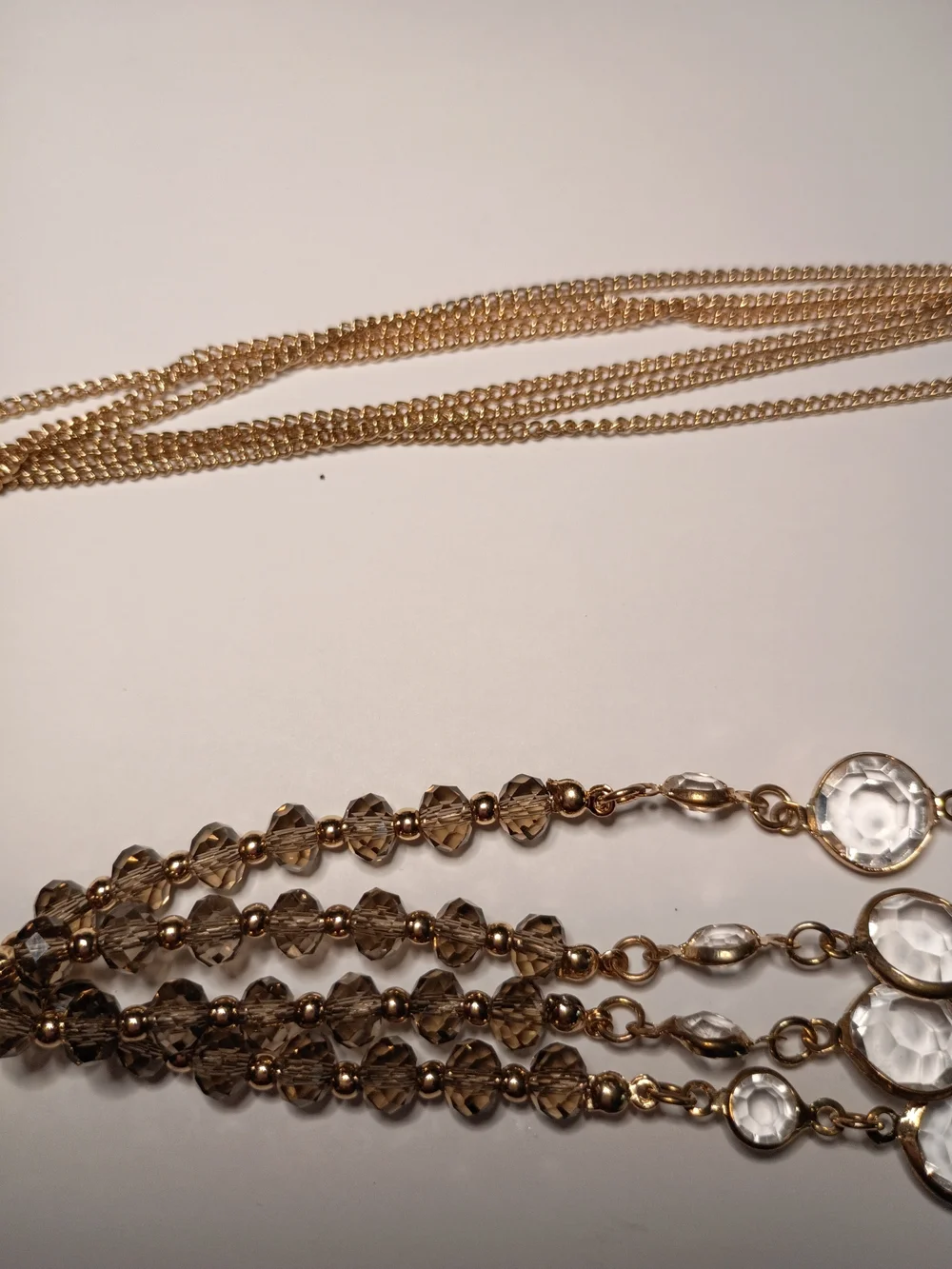 Gold Tone Tassel Flapper Style Double Strand Necklace With Smokey Beads
